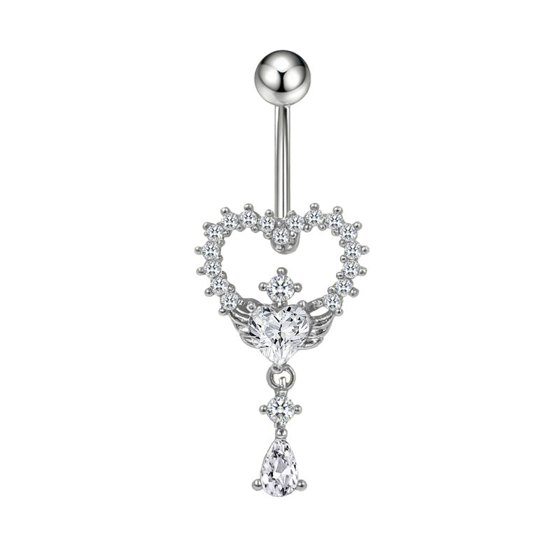 Three-dimensional Heart Shape Copper Belly Ring With Platinum Plated Electroplated Finish And Zircon Inlay