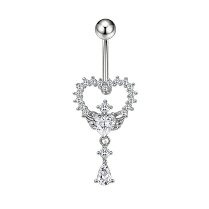 Three-dimensional Heart Shape Copper Belly Ring With Platinum Plated Electroplated Finish And Zircon Inlay