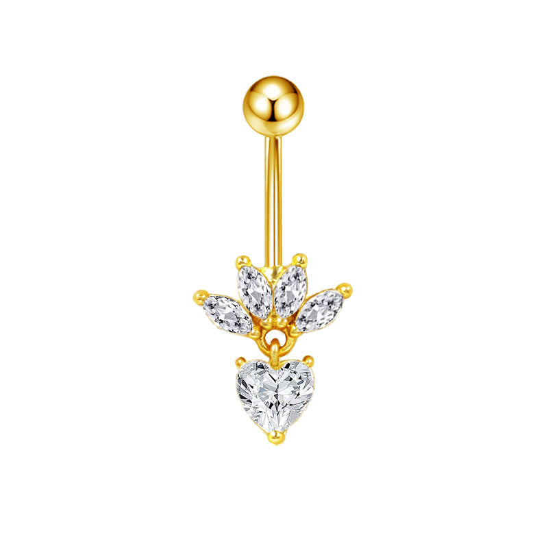 Three-dimensional Heart Shape Copper Belly Ring With Platinum Plated Electroplated Finish And Zircon Inlay