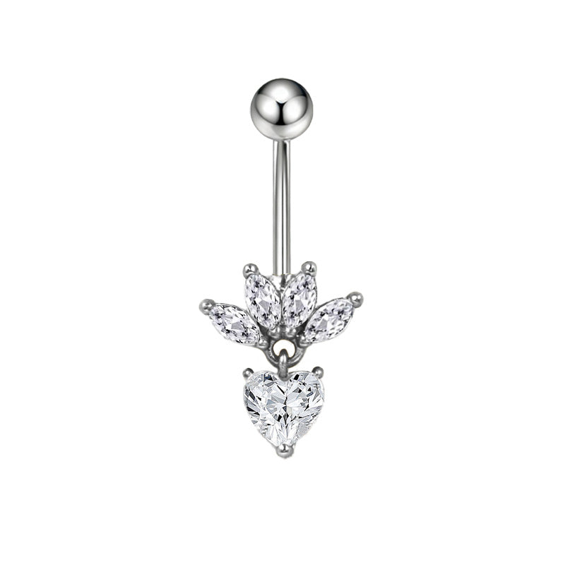 Three-dimensional Heart Shape Copper Belly Ring With Platinum Plated Electroplated Finish And Zircon Inlay