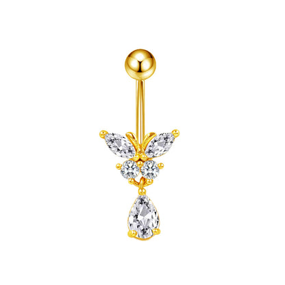 Three-dimensional Heart Shape Copper Belly Ring With Platinum Plated Electroplated Finish And Zircon Inlay