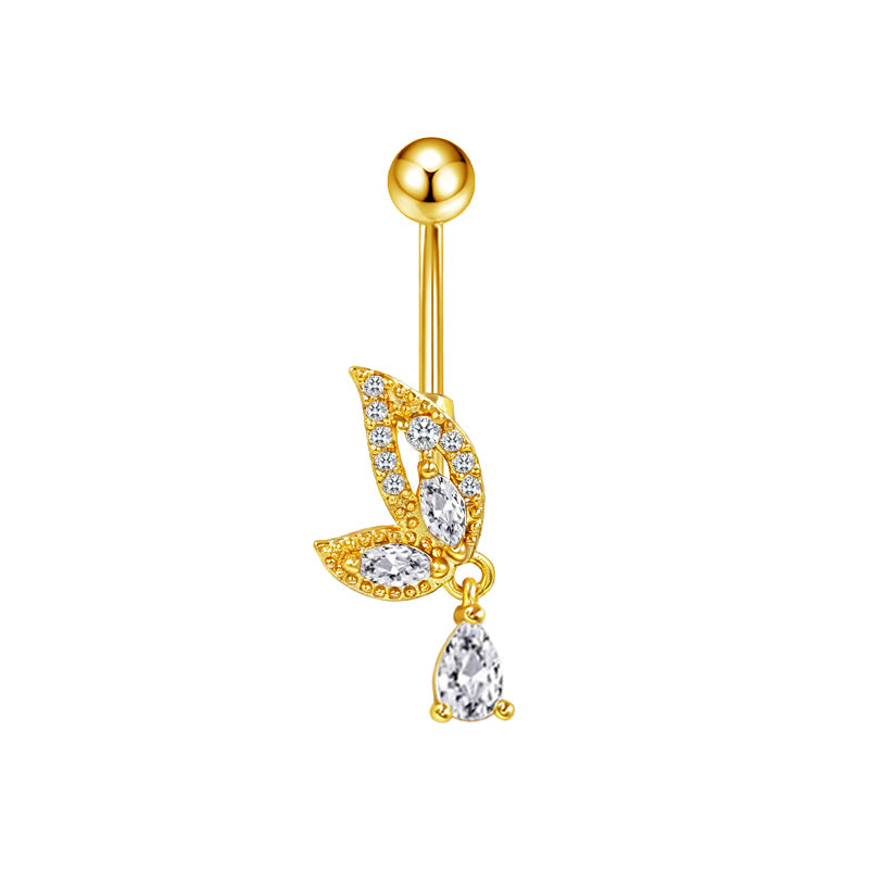Three-dimensional Heart Shape Copper Belly Ring With Platinum Plated Electroplated Finish And Zircon Inlay