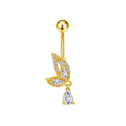 Three-dimensional Heart Shape Copper Belly Ring With Platinum Plated Electroplated Finish And Zircon Inlay