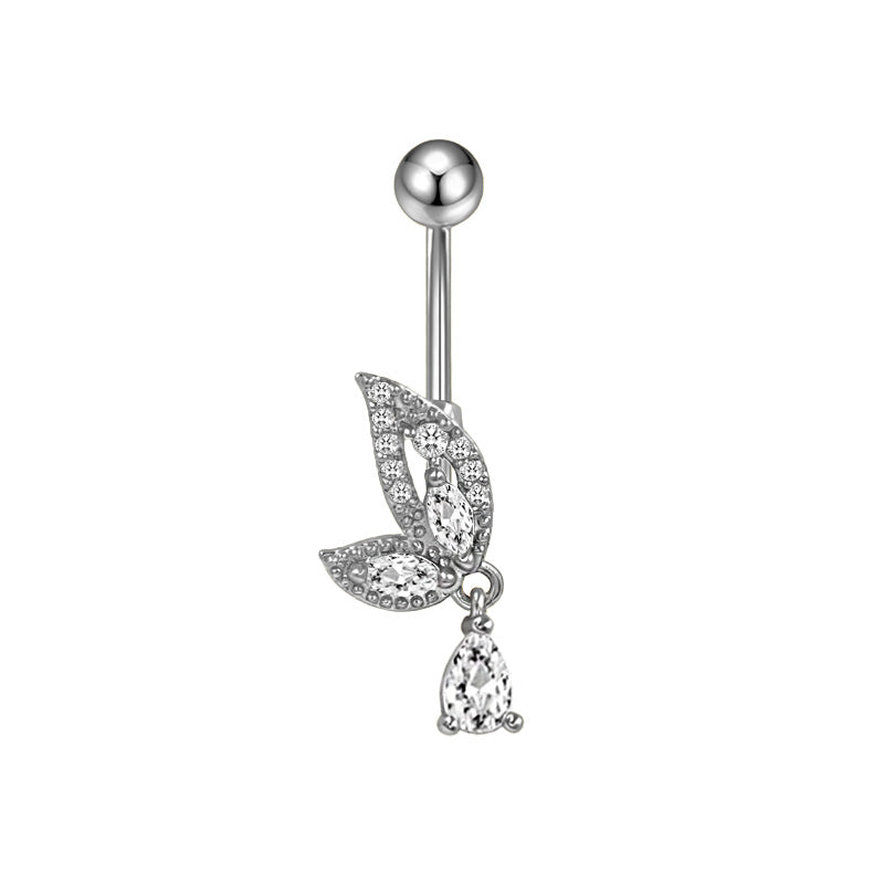 Three-dimensional Heart Shape Copper Belly Ring With Platinum Plated Electroplated Finish And Zircon Inlay