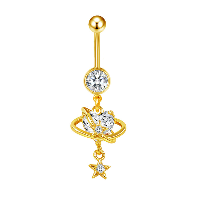 Three-dimensional Heart Shape Copper Belly Ring With Platinum Plated Electroplated Finish And Zircon Inlay