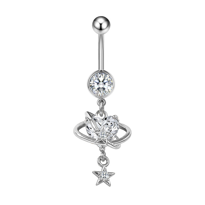 Three-dimensional Heart Shape Copper Belly Ring With Platinum Plated Electroplated Finish And Zircon Inlay