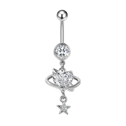 Three-dimensional Heart Shape Copper Belly Ring With Platinum Plated Electroplated Finish And Zircon Inlay