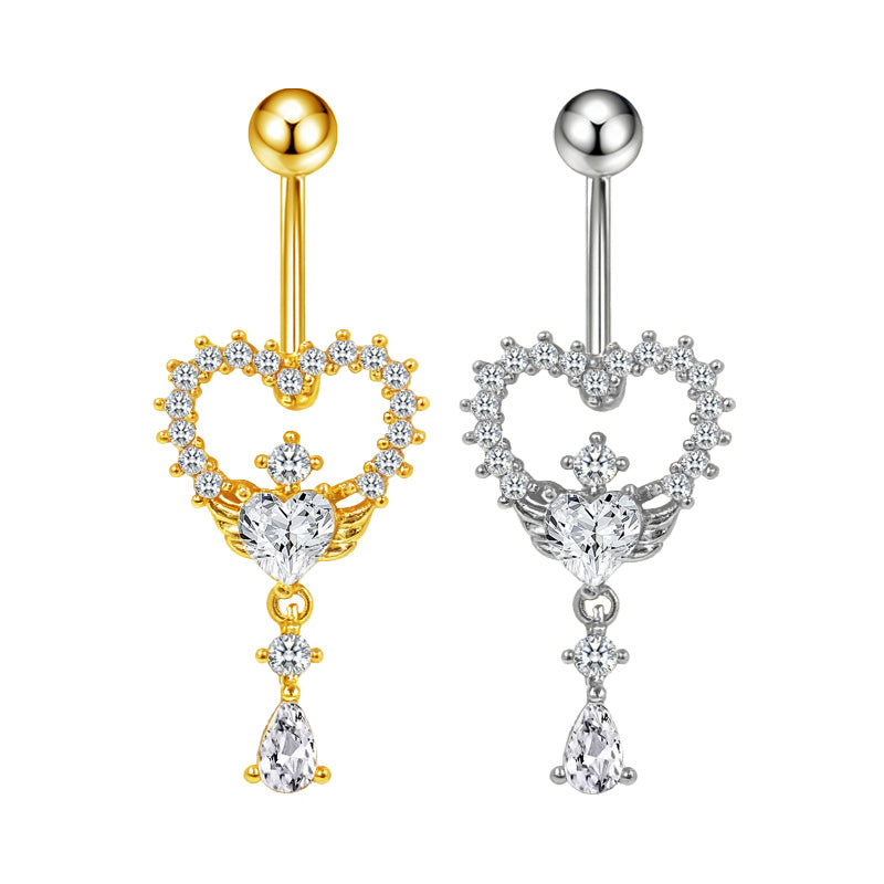 Three-dimensional Heart Shape Copper Belly Ring With Platinum Plated Electroplated Finish And Zircon Inlay