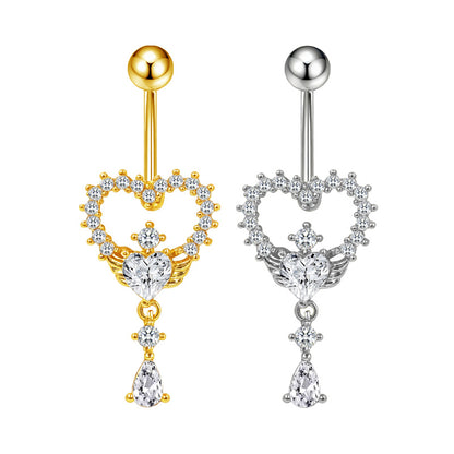 Three-dimensional Heart Shape Copper Belly Ring With Platinum Plated Electroplated Finish And Zircon Inlay