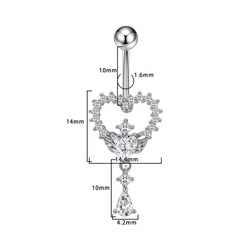 Three-dimensional Heart Shape Copper Belly Ring With Platinum Plated Electroplated Finish And Zircon Inlay