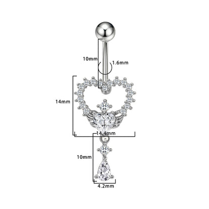 Three-dimensional Heart Shape Copper Belly Ring With Platinum Plated Electroplated Finish And Zircon Inlay