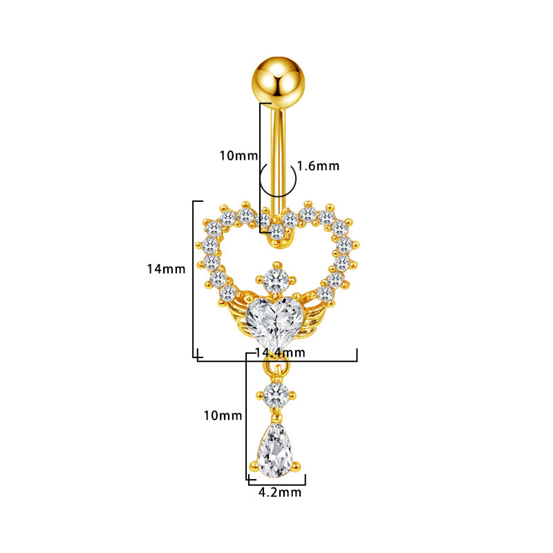 Three-dimensional Heart Shape Copper Belly Ring With Platinum Plated Electroplated Finish And Zircon Inlay
