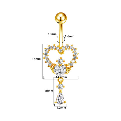 Three-dimensional Heart Shape Copper Belly Ring With Platinum Plated Electroplated Finish And Zircon Inlay