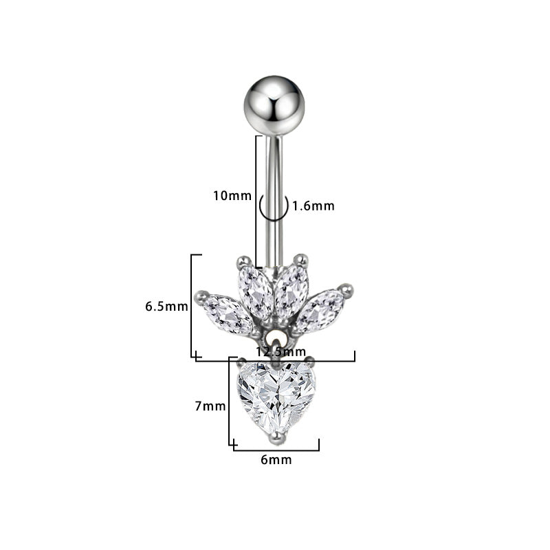 Three-dimensional Heart Shape Copper Belly Ring With Platinum Plated Electroplated Finish And Zircon Inlay
