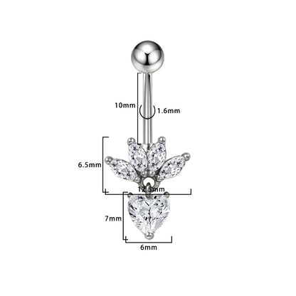 Three-dimensional Heart Shape Copper Belly Ring With Platinum Plated Electroplated Finish And Zircon Inlay