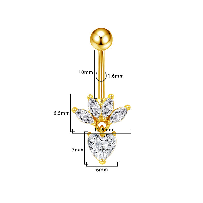 Three-dimensional Heart Shape Copper Belly Ring With Platinum Plated Electroplated Finish And Zircon Inlay