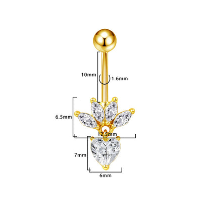 Three-dimensional Heart Shape Copper Belly Ring With Platinum Plated Electroplated Finish And Zircon Inlay