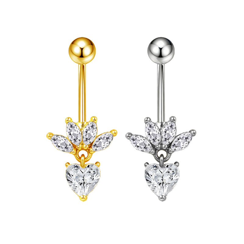 Three-dimensional Heart Shape Copper Belly Ring With Platinum Plated Electroplated Finish And Zircon Inlay