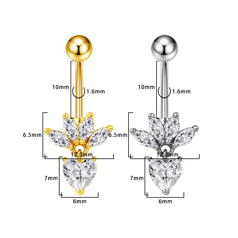 Three-dimensional Heart Shape Copper Belly Ring With Platinum Plated Electroplated Finish And Zircon Inlay