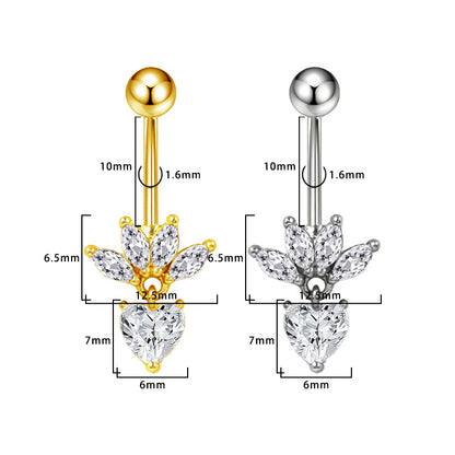 Three-dimensional Heart Shape Copper Belly Ring With Platinum Plated Electroplated Finish And Zircon Inlay