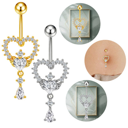 Three-dimensional Heart Shape Copper Belly Ring With Platinum Plated Electroplated Finish And Zircon Inlay