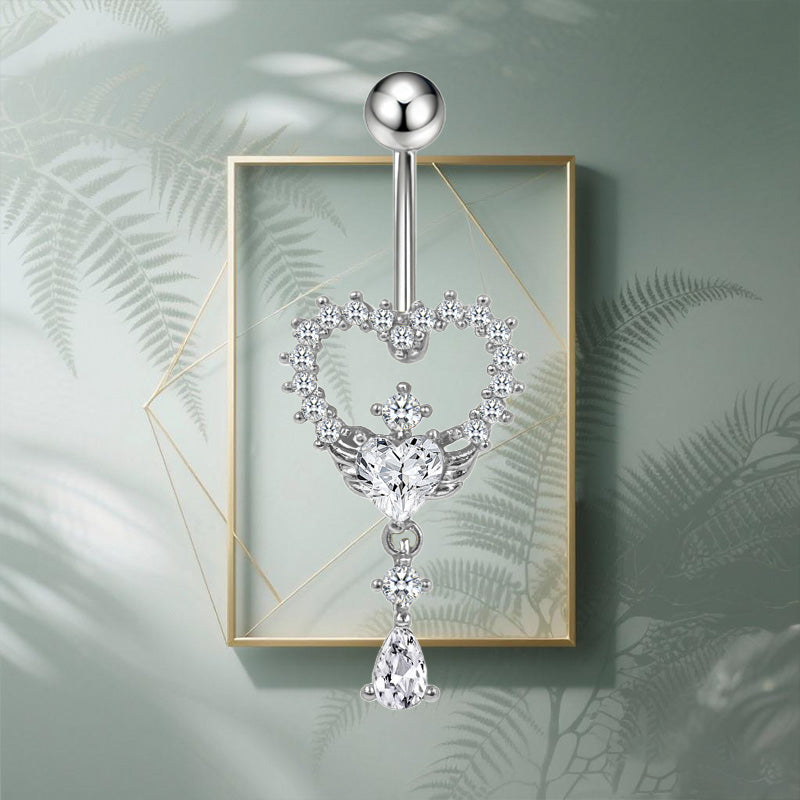Three-dimensional Heart Shape Copper Belly Ring With Platinum Plated Electroplated Finish And Zircon Inlay