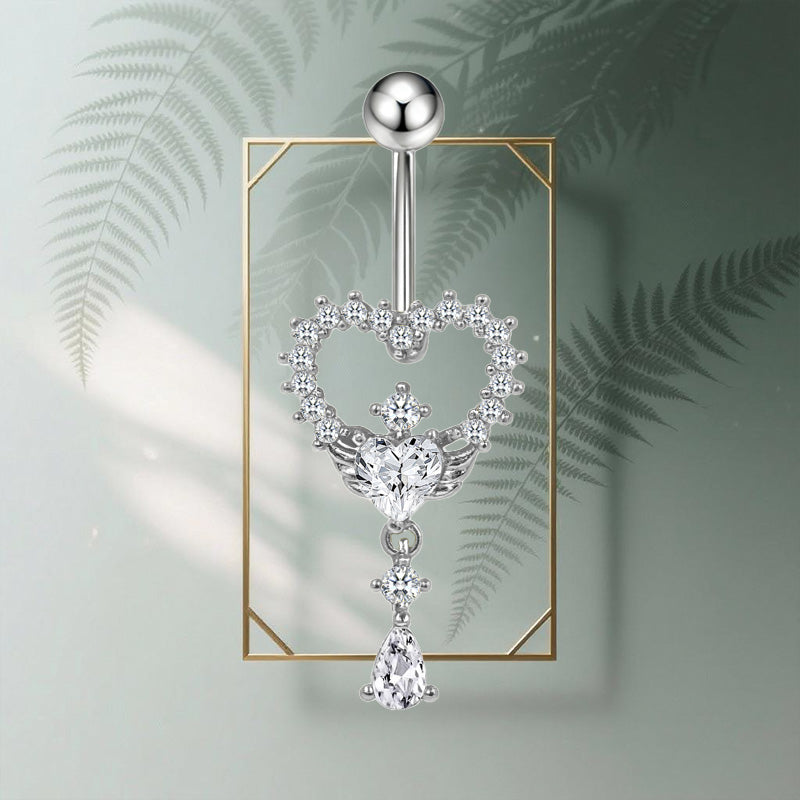 Three-dimensional Heart Shape Copper Belly Ring With Platinum Plated Electroplated Finish And Zircon Inlay