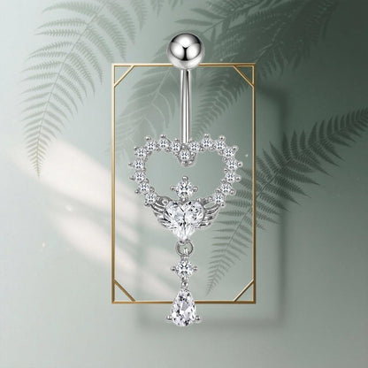 Three-dimensional Heart Shape Copper Belly Ring With Platinum Plated Electroplated Finish And Zircon Inlay