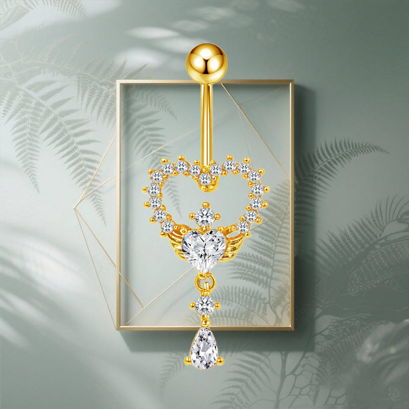 Three-dimensional Heart Shape Copper Belly Ring With Platinum Plated Electroplated Finish And Zircon Inlay