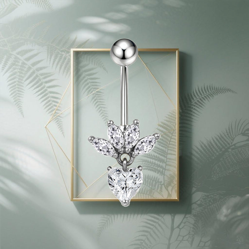 Three-dimensional Heart Shape Copper Belly Ring With Platinum Plated Electroplated Finish And Zircon Inlay