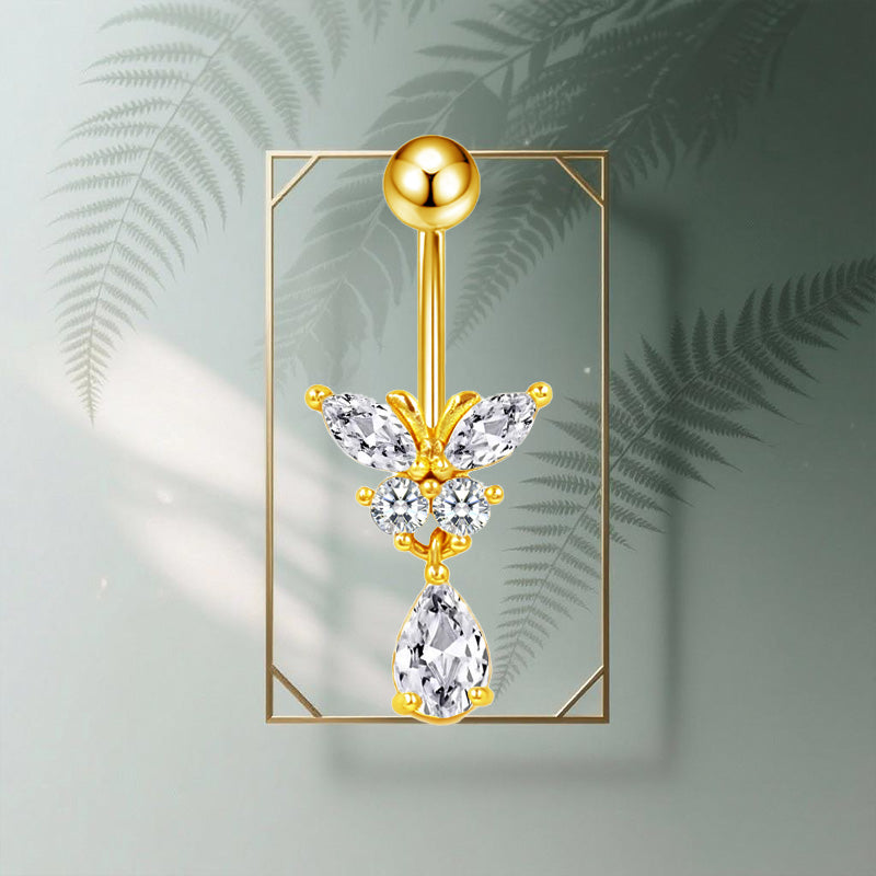 Three-dimensional Heart Shape Copper Belly Ring With Platinum Plated Electroplated Finish And Zircon Inlay