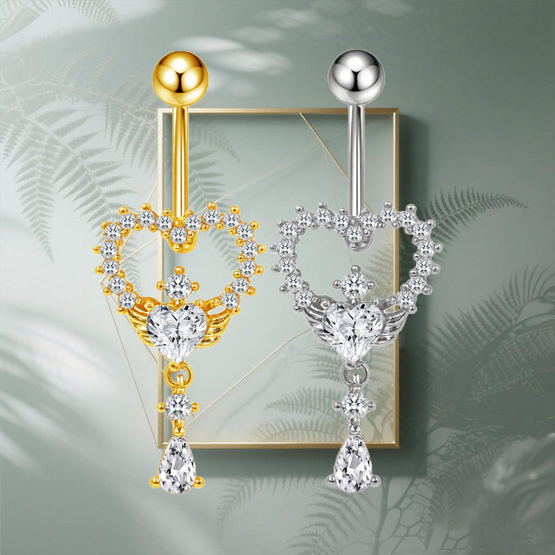 Three-dimensional Heart Shape Copper Belly Ring With Platinum Plated Electroplated Finish And Zircon Inlay