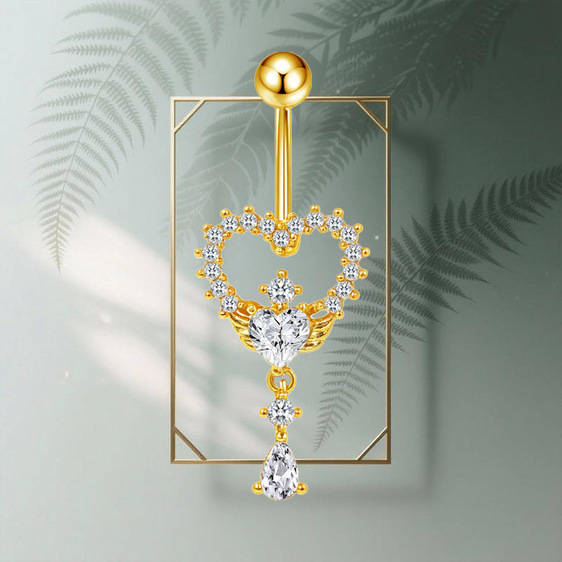 Three-dimensional Heart Shape Copper Belly Ring With Platinum Plated Electroplated Finish And Zircon Inlay