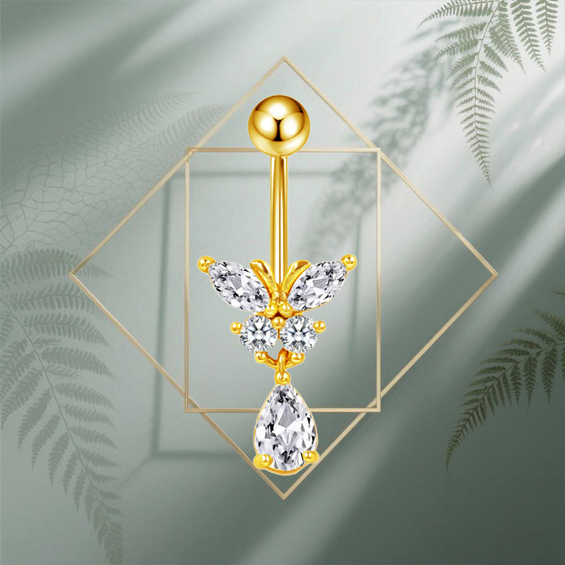Three-dimensional Heart Shape Copper Belly Ring With Platinum Plated Electroplated Finish And Zircon Inlay