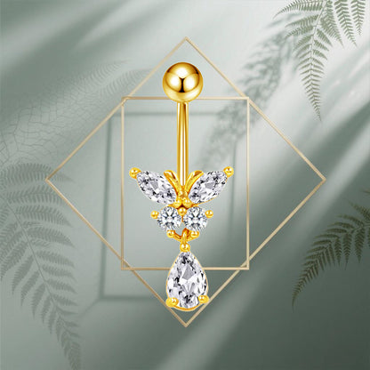 Three-dimensional Heart Shape Copper Belly Ring With Platinum Plated Electroplated Finish And Zircon Inlay
