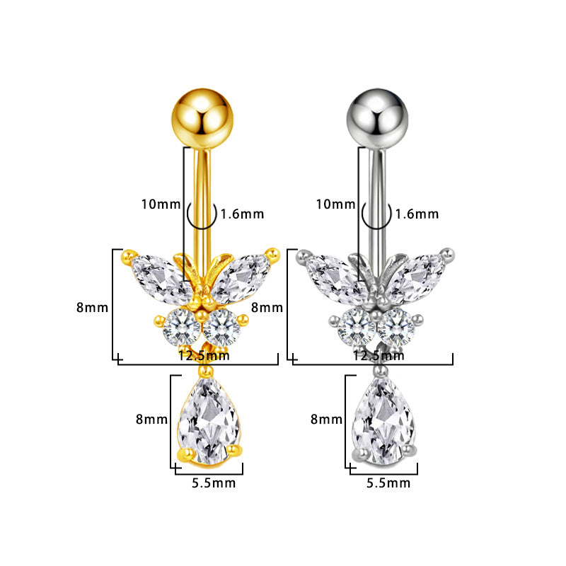 Three-dimensional Heart Shape Copper Belly Ring With Platinum Plated Electroplated Finish And Zircon Inlay