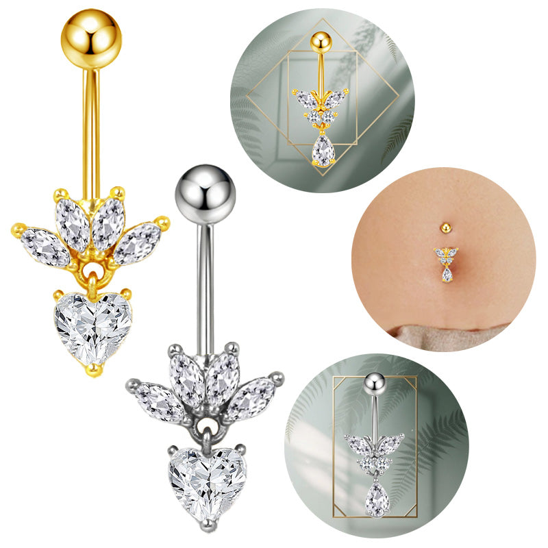 Three-dimensional Heart Shape Copper Belly Ring With Platinum Plated Electroplated Finish And Zircon Inlay