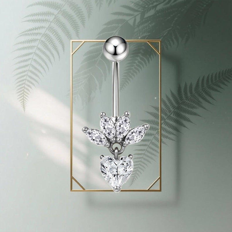Three-dimensional Heart Shape Copper Belly Ring With Platinum Plated Electroplated Finish And Zircon Inlay