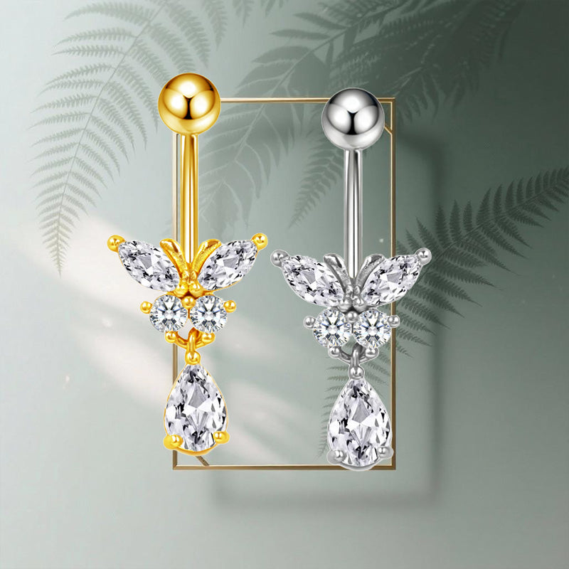 Three-dimensional Heart Shape Copper Belly Ring With Platinum Plated Electroplated Finish And Zircon Inlay