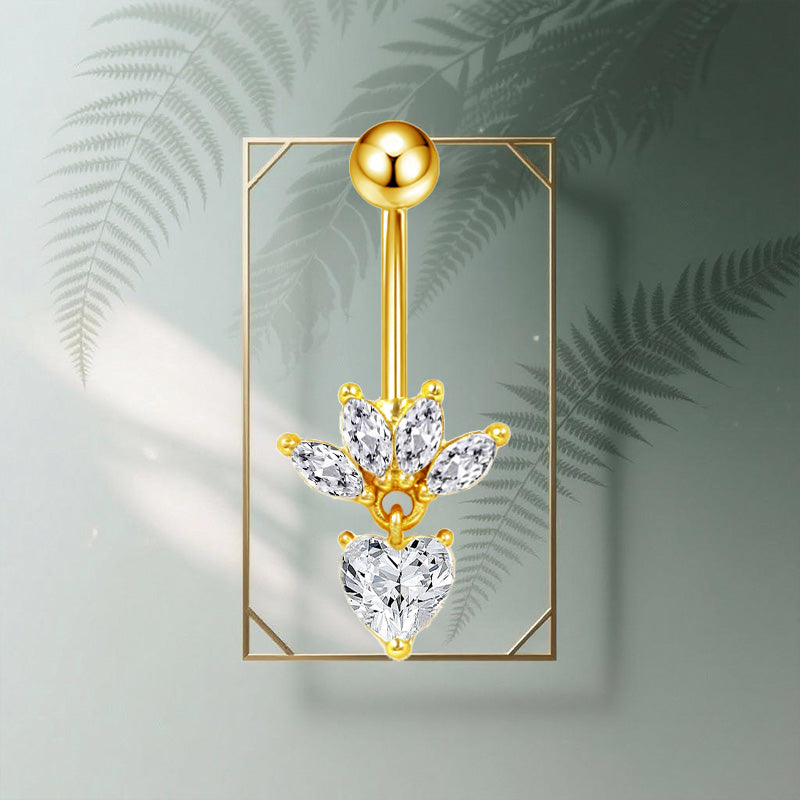 Three-dimensional Heart Shape Copper Belly Ring With Platinum Plated Electroplated Finish And Zircon Inlay