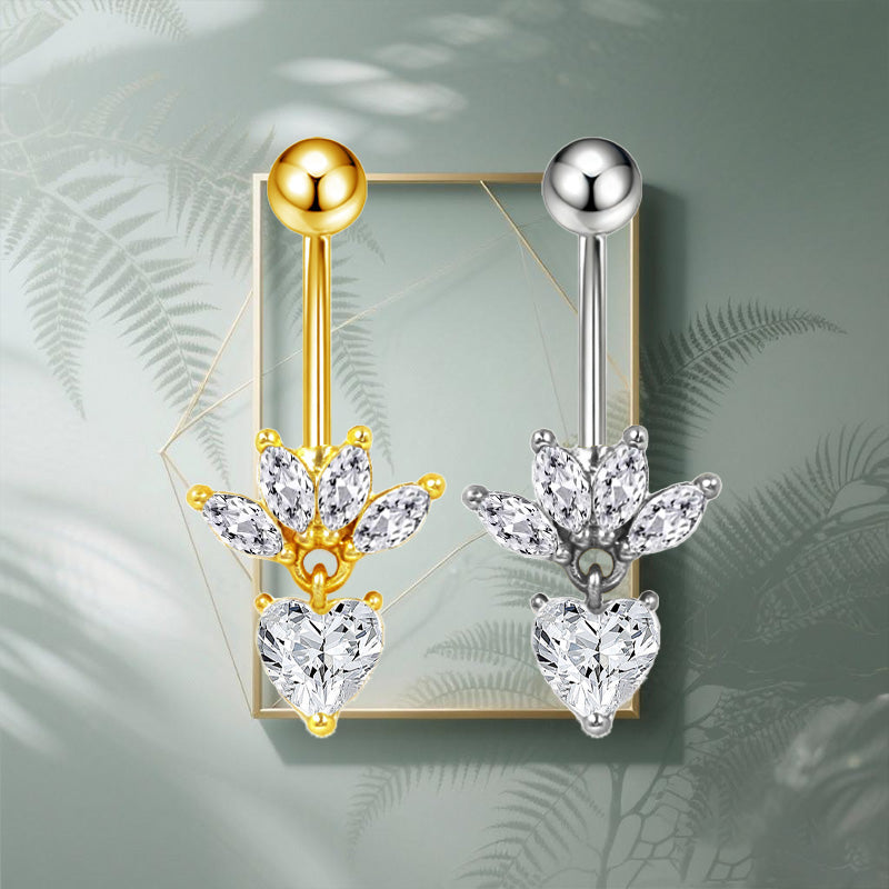Three-dimensional Heart Shape Copper Belly Ring With Platinum Plated Electroplated Finish And Zircon Inlay