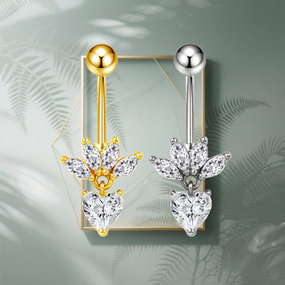 Three-dimensional Heart Shape Copper Belly Ring With Platinum Plated Electroplated Finish And Zircon Inlay