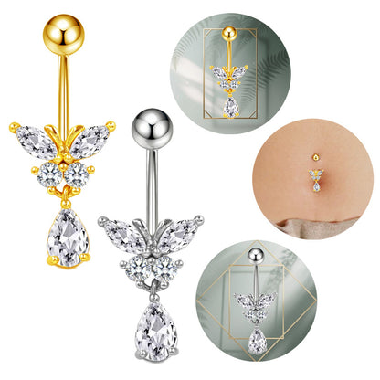 Three-dimensional Heart Shape Copper Belly Ring With Platinum Plated Electroplated Finish And Zircon Inlay