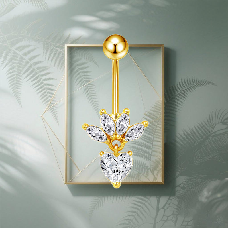 Three-dimensional Heart Shape Copper Belly Ring With Platinum Plated Electroplated Finish And Zircon Inlay