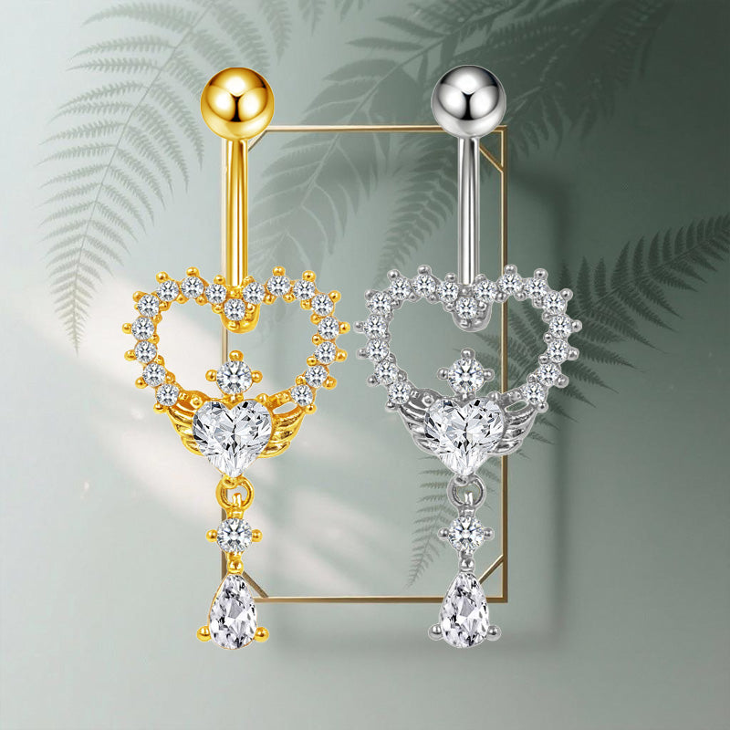 Three-dimensional Heart Shape Copper Belly Ring With Platinum Plated Electroplated Finish And Zircon Inlay