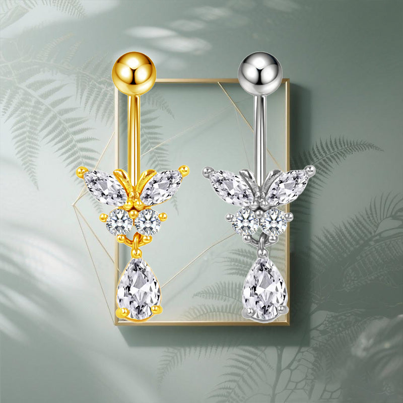 Three-dimensional Heart Shape Copper Belly Ring With Platinum Plated Electroplated Finish And Zircon Inlay
