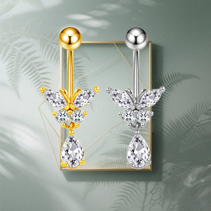 Three-dimensional Heart Shape Copper Belly Ring With Platinum Plated Electroplated Finish And Zircon Inlay