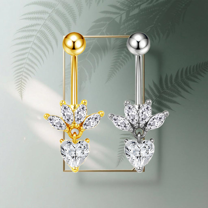 Three-dimensional Heart Shape Copper Belly Ring With Platinum Plated Electroplated Finish And Zircon Inlay