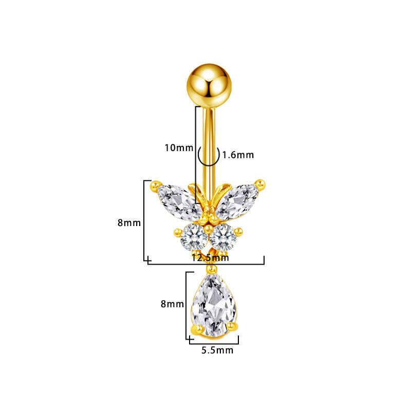 Three-dimensional Heart Shape Copper Belly Ring With Platinum Plated Electroplated Finish And Zircon Inlay