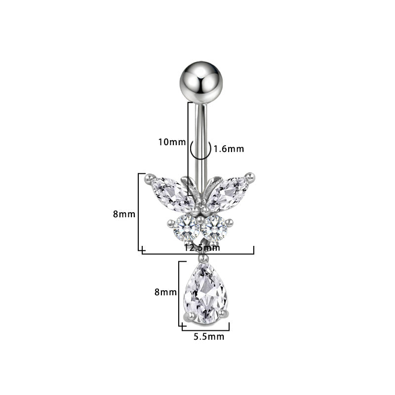 Three-dimensional Heart Shape Copper Belly Ring With Platinum Plated Electroplated Finish And Zircon Inlay